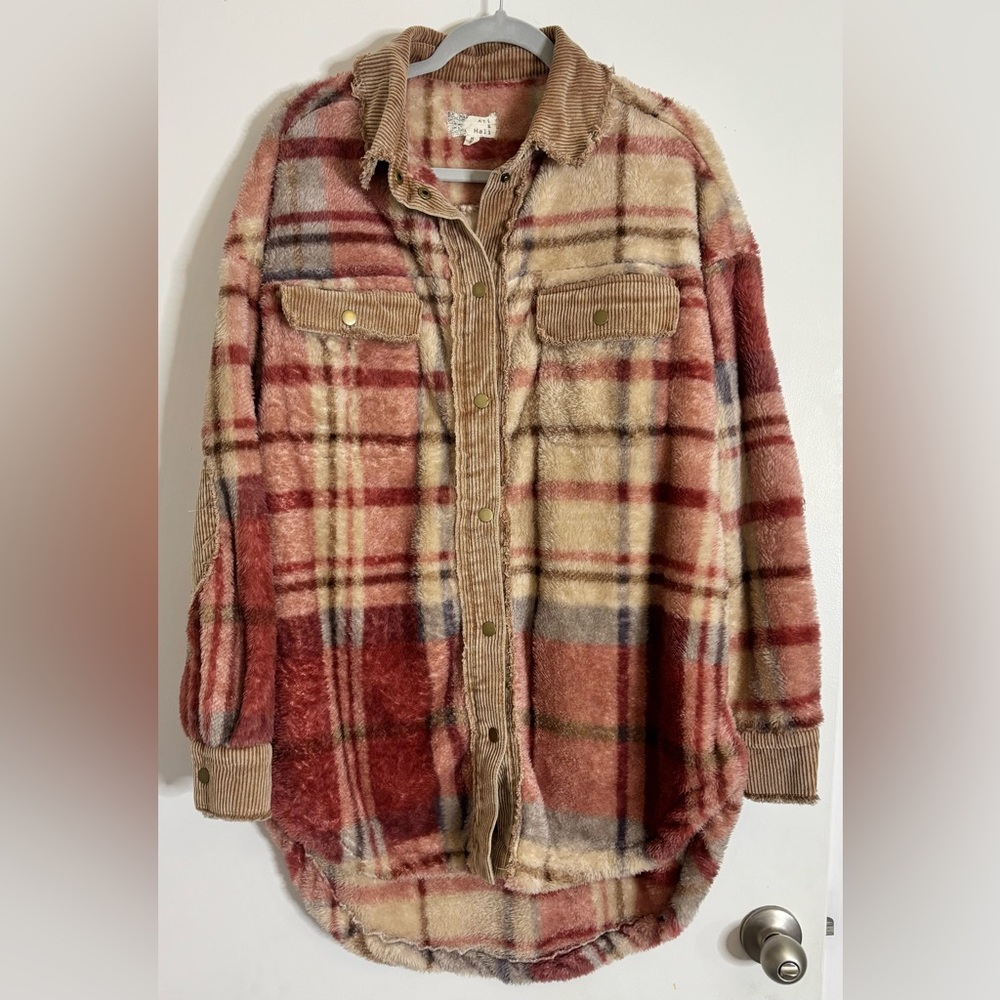 Oli & Hali Womens Tan Rose Plaid Fuzzy Flannel Jacket NEW